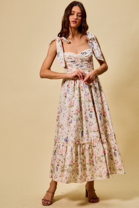 SO ME Women's Dresses Floral Cotton Ruched Bodice Tie Lined Midi Dress