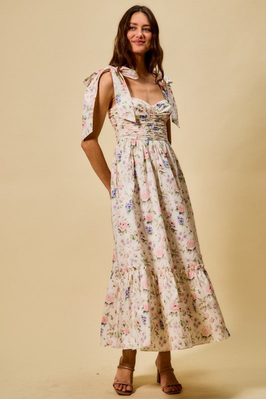 SO ME Women's Dresses Floral Cotton Ruched Bodice Tie Lined Midi Dress