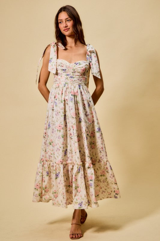 SO ME Women's Dresses Floral Cotton Ruched Bodice Tie Lined Midi Dress