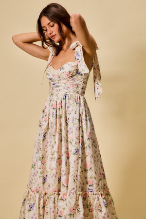 SO ME Women's Dresses Floral Cotton Ruched Bodice Tie Lined Midi Dress