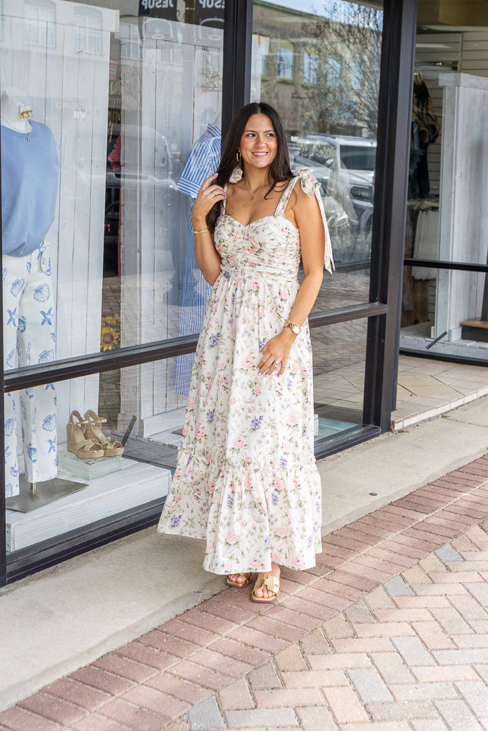 SO ME Women's Dresses Floral Cotton Ruched Bodice Tie Lined Midi Dress