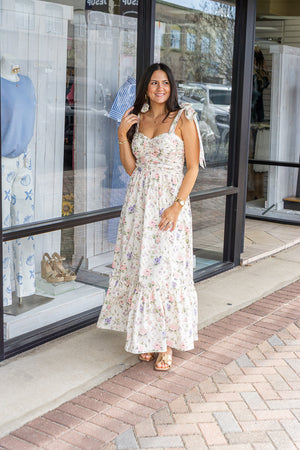 SO ME Women's Dresses Floral Cotton Ruched Bodice Tie Lined Midi Dress