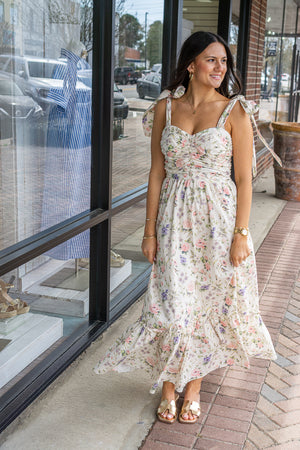 SO ME Women's Dresses Floral Cotton Ruched Bodice Tie Lined Midi Dress