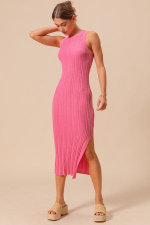 SO ME Women's Dresses PINK / S Variegated Stretchy Rib Fitted Summer Midi Dress JD1135-2221