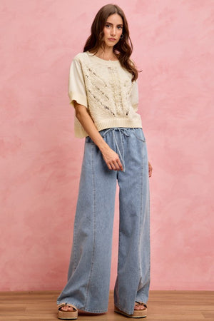 SO ME Women's Jeans Denim Seamed Elastic Waist Wide Leg Jeans Pants