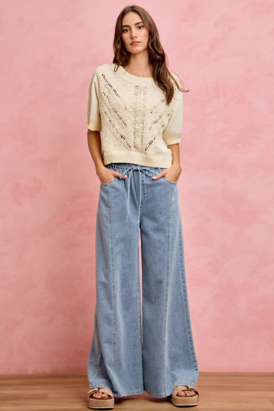 SO ME Women's Jeans Denim Seamed Elastic Waist Wide Leg Jeans Pants