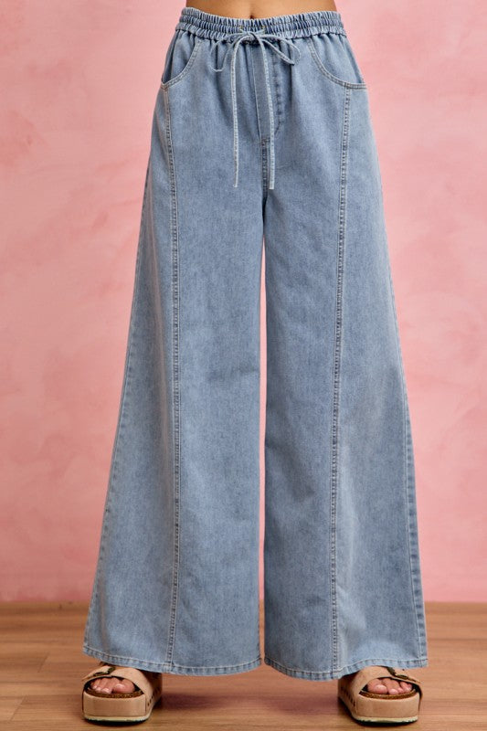 SO ME Women's Jeans Denim Seamed Elastic Waist Wide Leg Jeans Pants