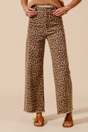 SO ME Women's Pants So Me Mid Rise Leopard Twill Denim Frayed Hem Wide Leg