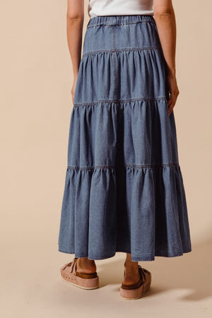 SO ME Women's Skirts Shirred Denim Block Flowy Maxi Skirt