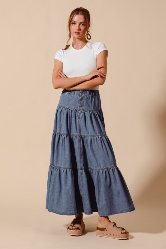 SO ME Women's Skirts Shirred Denim Block Flowy Maxi Skirt