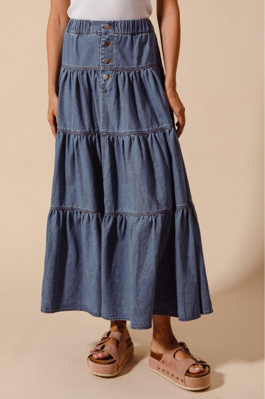 SO ME Women's Skirts Shirred Denim Block Flowy Maxi Skirt
