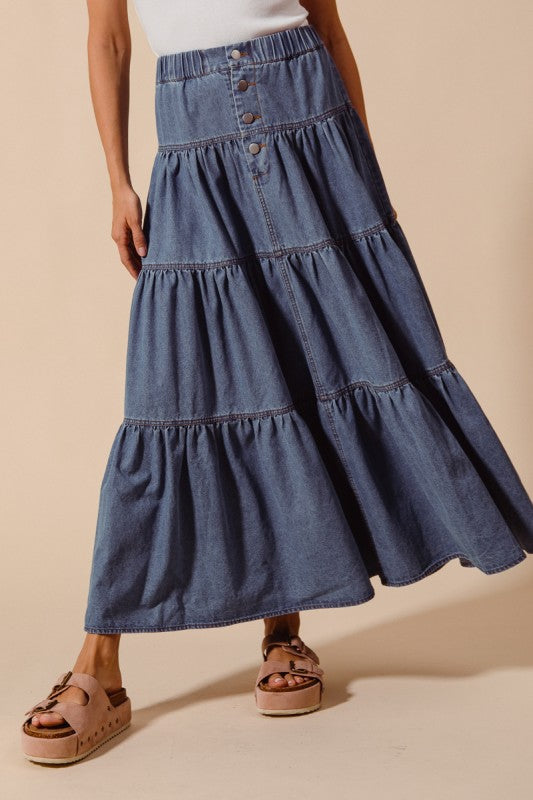 SO ME Women's Skirts Shirred Denim Block Flowy Maxi Skirt