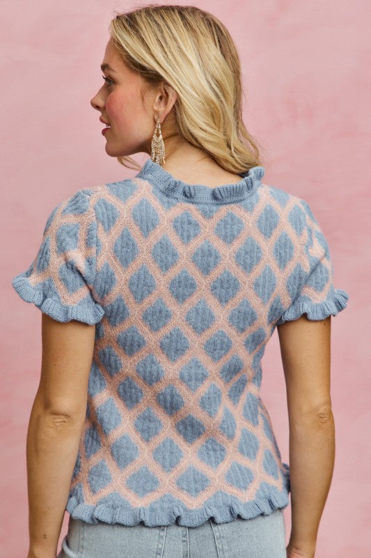 SO ME Women's Sweaters Diamond Design 2 Tone Weave Ruffle Sweater Cardigan