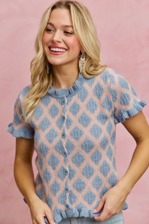 SO ME Women's Sweaters Diamond Design 2 Tone Weave Ruffle Sweater Cardigan