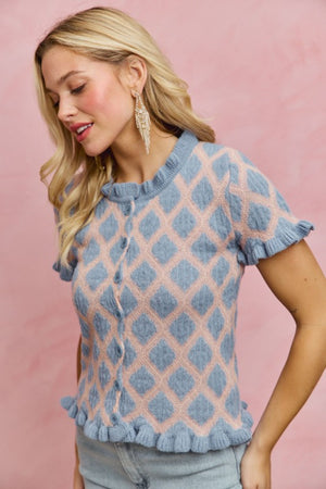 SO ME Women's Sweaters Diamond Design 2 Tone Weave Ruffle Sweater Cardigan