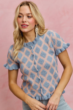 SO ME Women's Sweaters Diamond Design 2 Tone Weave Ruffle Sweater Cardigan