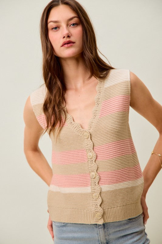 SO ME Women's Sweaters Multi Color Stripe Sweater Vest With Scallop Edge