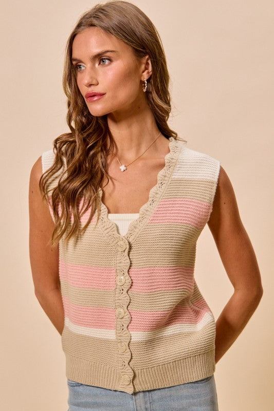 SO ME Women's Sweaters Multi Color Stripe Sweater Vest With Scallop Edge