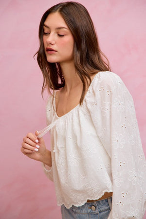 SO ME Women's Top Cotton Gauze Eyelet Scallop Edge Blouse Top