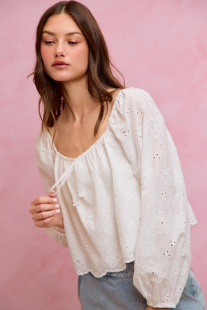 SO ME Women's Top Cotton Gauze Eyelet Scallop Edge Blouse Top