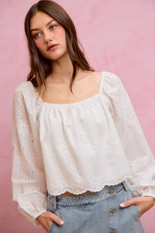 SO ME Women's Top Cotton Gauze Eyelet Scallop Edge Blouse Top