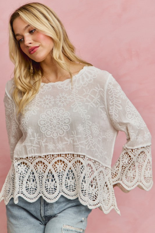 SO ME Women's Top Floral Embroidered Crochet Lace Trimmed Top