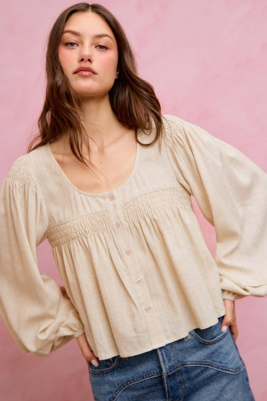 SO ME Women's Top Linen Blend Woven Long Sleeve With Smocking Top