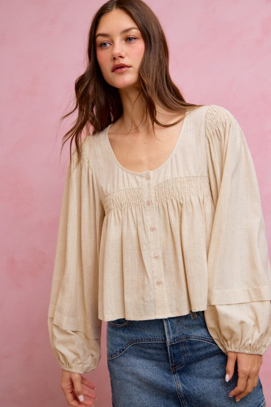 SO ME Women's Top Linen Blend Woven Long Sleeve With Smocking Top