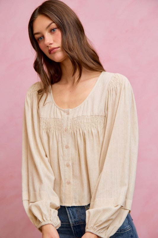 SO ME Women's Top Linen Blend Woven Long Sleeve With Smocking Top