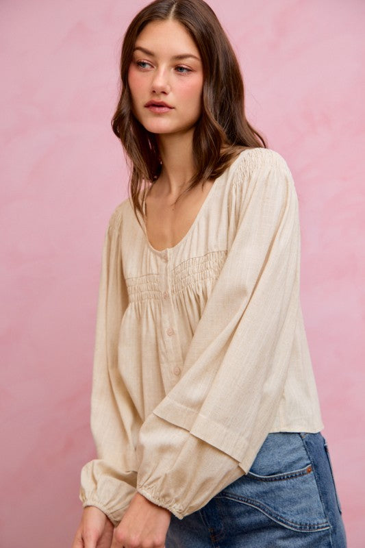 SO ME Women's Top Linen Blend Woven Long Sleeve With Smocking Top