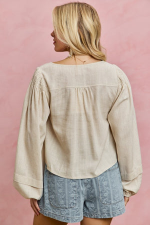 SO ME Women's Top Linen Blend Woven Long Sleeve With Smocking Top