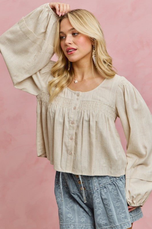 SO ME Women's Top Linen Blend Woven Long Sleeve With Smocking Top