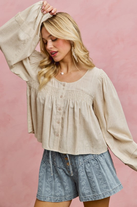 SO ME Women's Top Linen Blend Woven Long Sleeve With Smocking Top