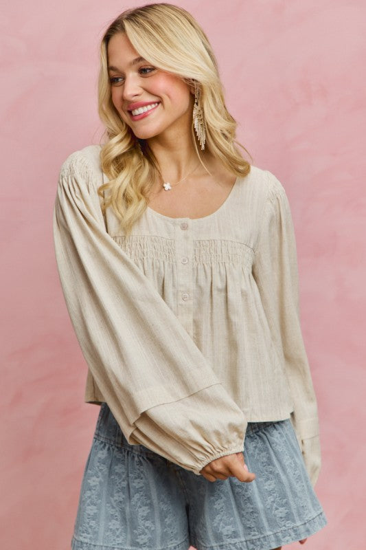 SO ME Women's Top Linen Blend Woven Long Sleeve With Smocking Top