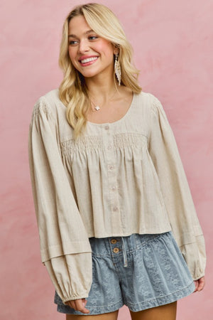 SO ME Women's Top Linen Blend Woven Long Sleeve With Smocking Top