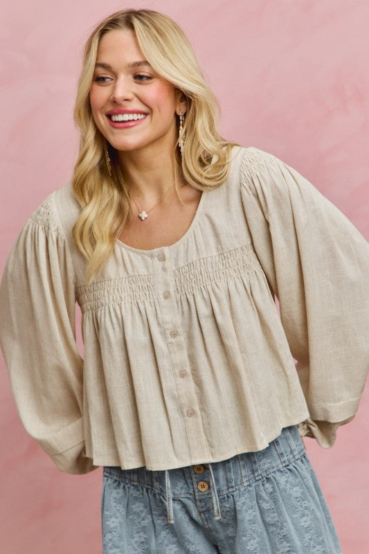 SO ME Women's Top Linen Blend Woven Long Sleeve With Smocking Top