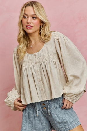 SO ME Women's Top Linen Blend Woven Long Sleeve With Smocking Top