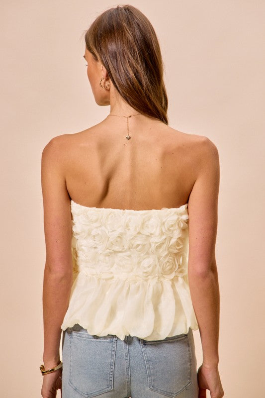 SO ME Women's Top Rosette 3D Bubble Hem Tune Top