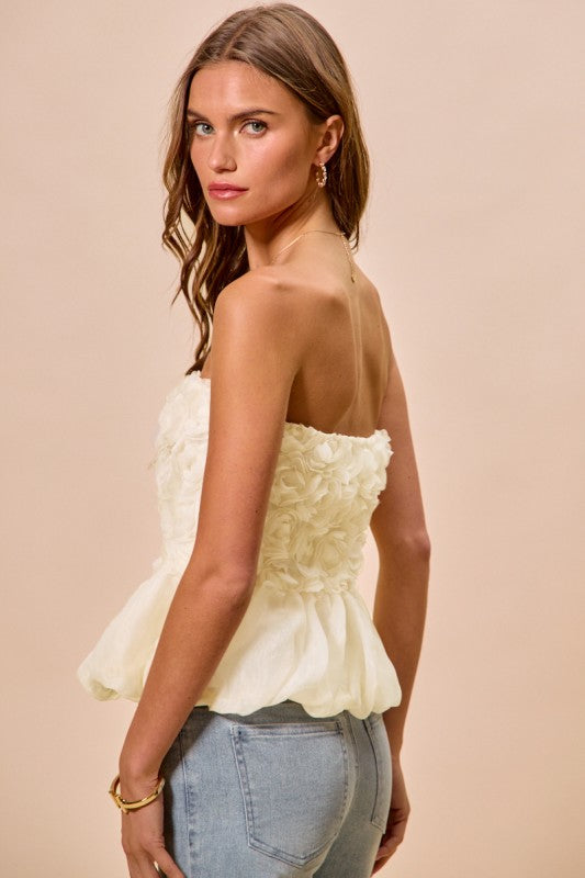 SO ME Women's Top Rosette 3D Bubble Hem Tune Top