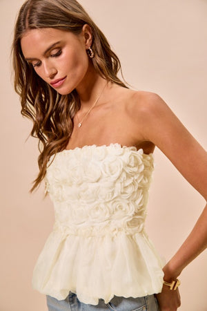 SO ME Women's Top Rosette 3D Bubble Hem Tune Top