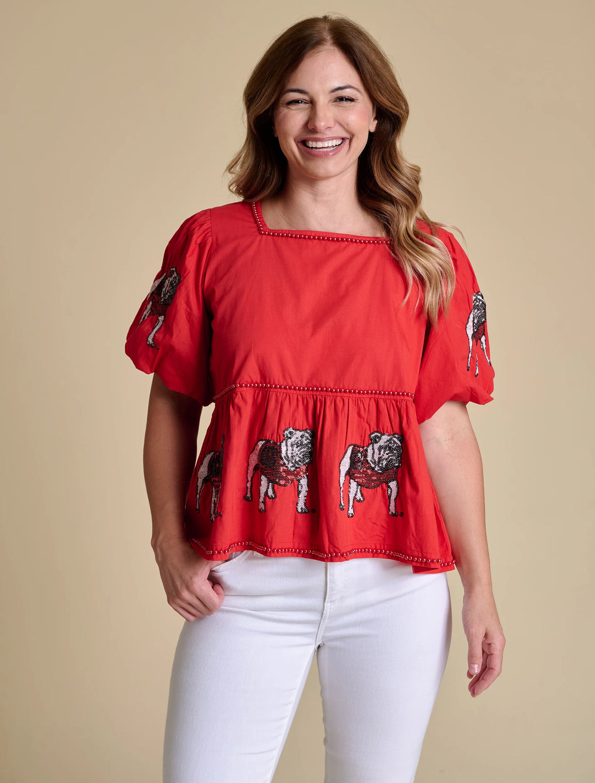 STEWART SIMMONS Women's Top Stewart Simmons Georgia The Puff Sleeve Peplum Top || David's Clothing