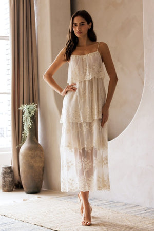 STORIA Women's Dresses Floral Tiered Lace Midi Dress