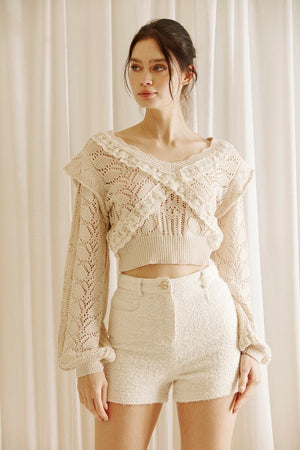 STORIA Women's Sweater Monochromatic Knit Lace Cropped Sweater || David's Clothing