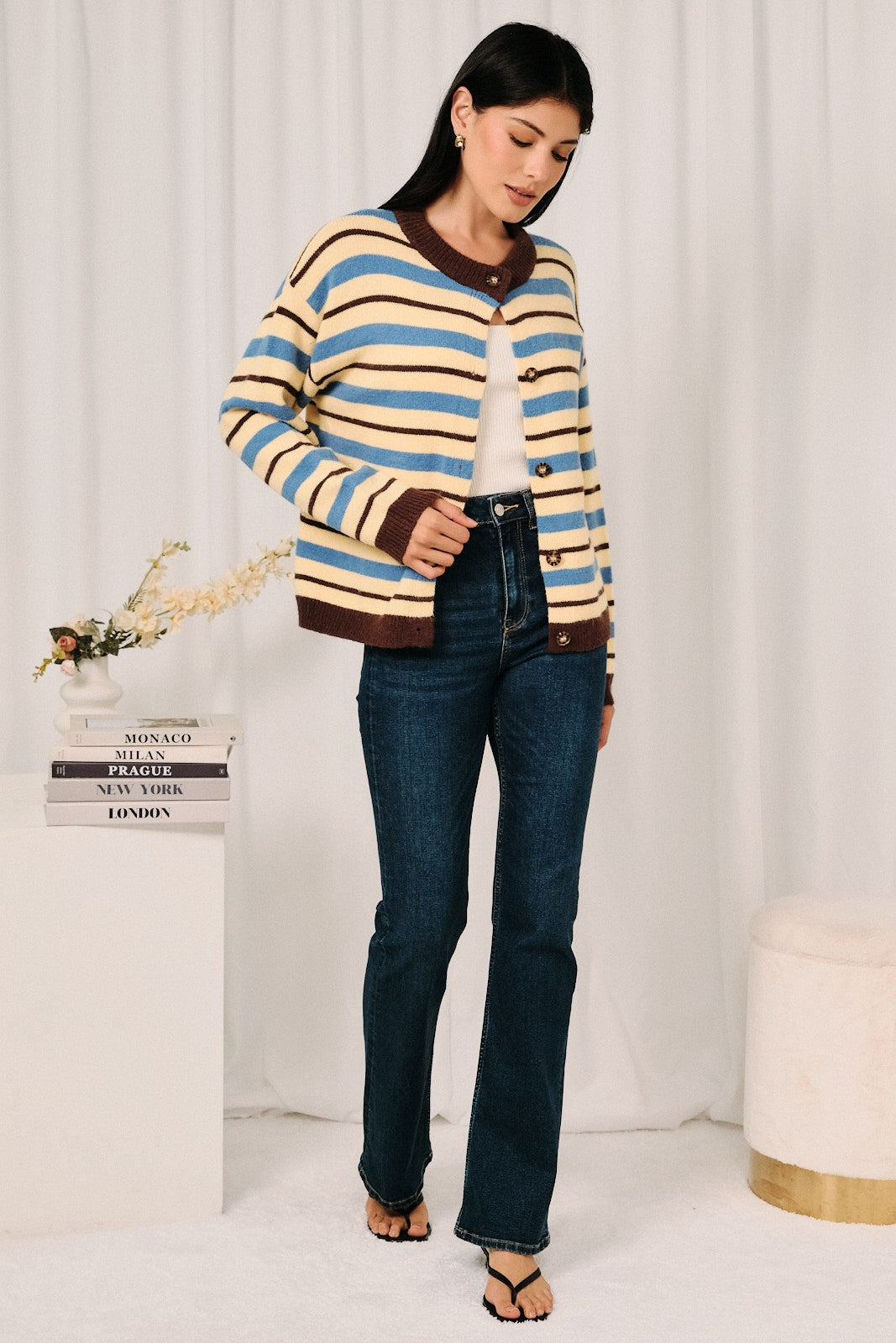 SUNDAY EDITION Striped Button Down Long Sleeve Knit Sweater Cardigan