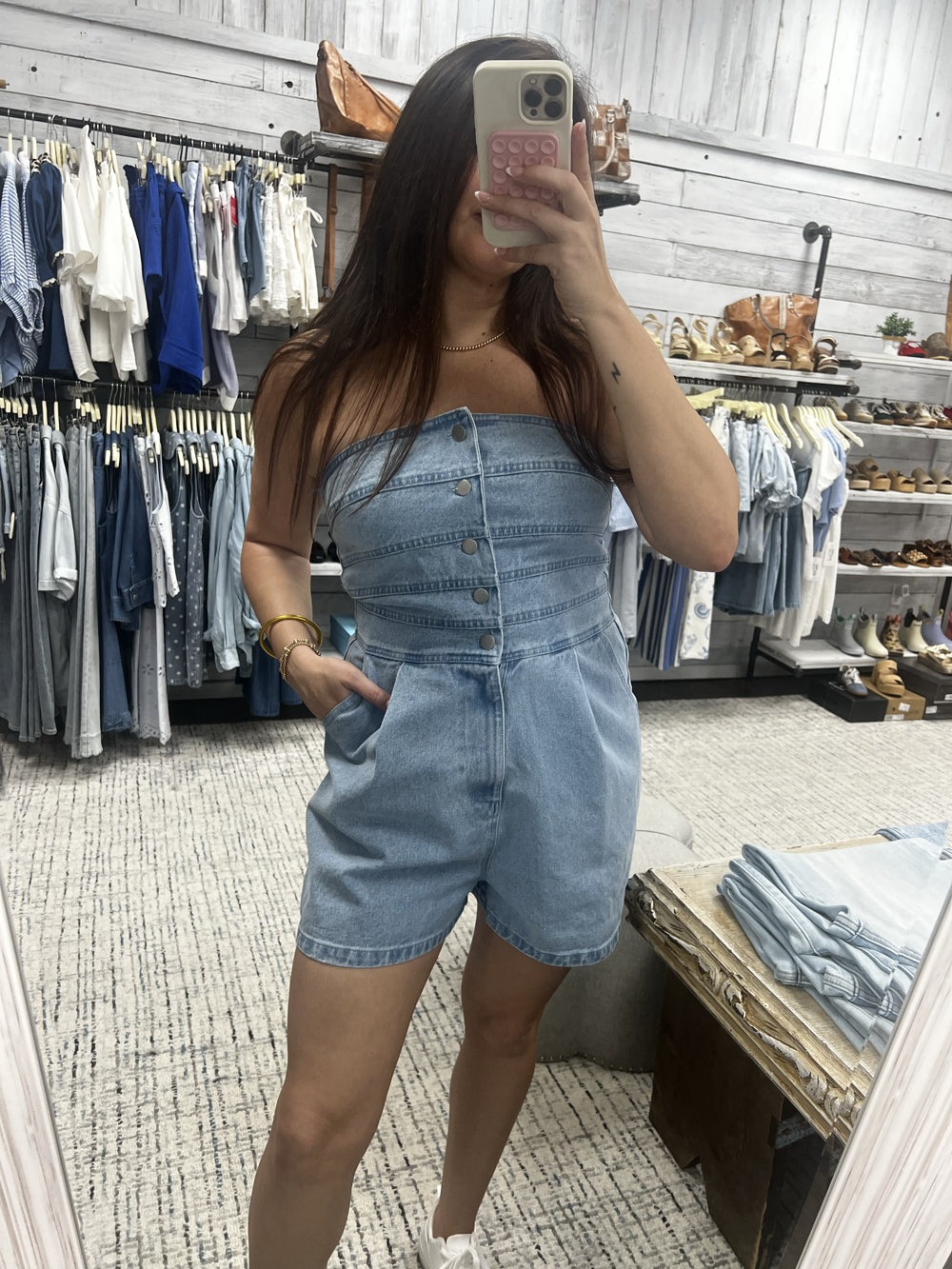 SUNDAY EDITION Women's Romper Strapless Button Down Denim Romper