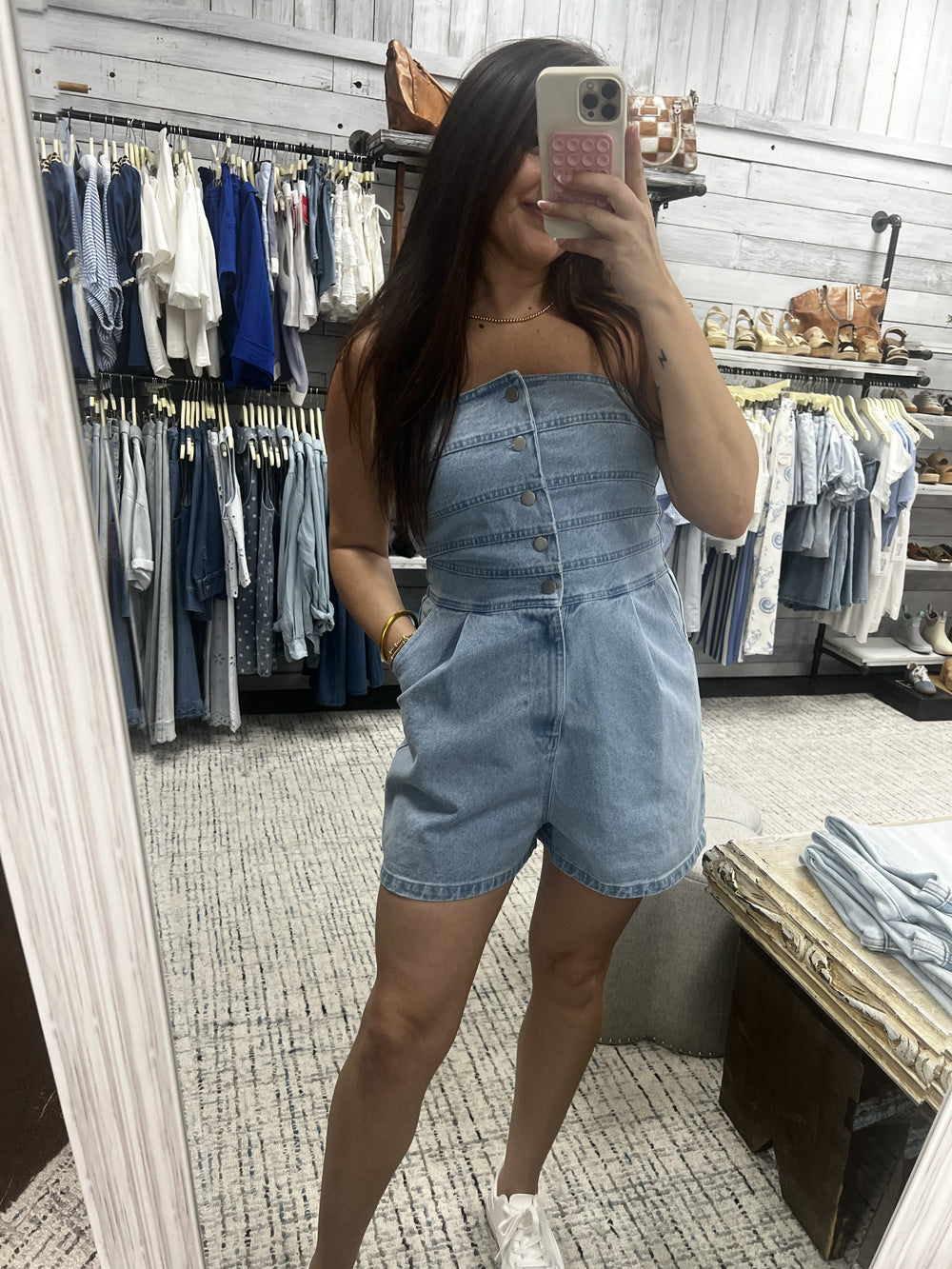 SUNDAY EDITION Women's Romper Strapless Button Down Denim Romper