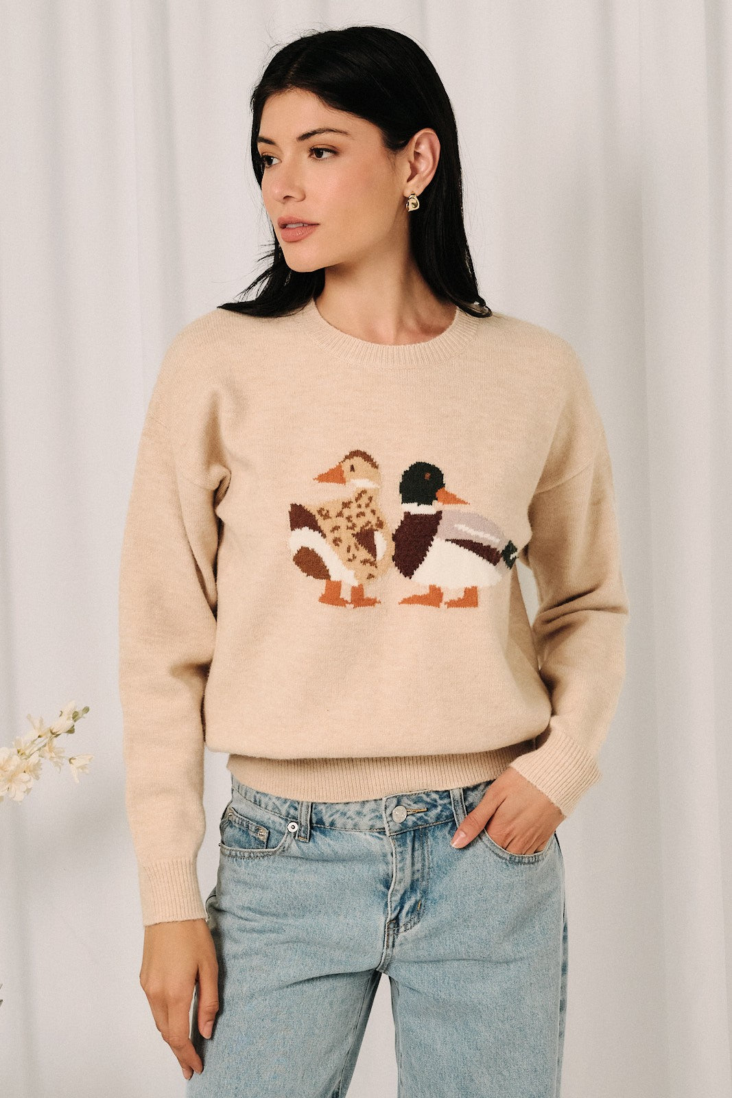SUNDAY EDITION Women's Sweaters OATMEAL / S Round Neck Mallard Duck Graphic Long Sleeve Knit Sweater OWT1191