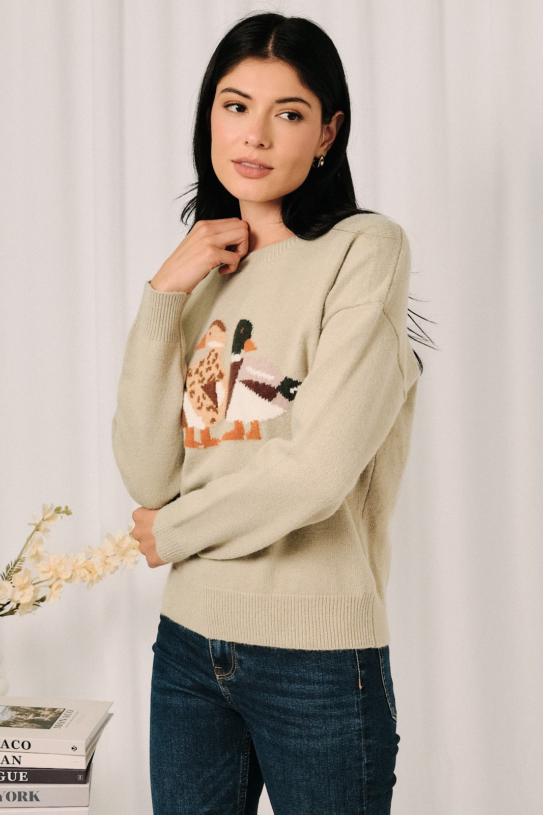 SUNDAY EDITION Women's Sweaters LT GREEN / S Round Neck Mallard Duck Graphic Long Sleeve Knit Sweater OWT1191