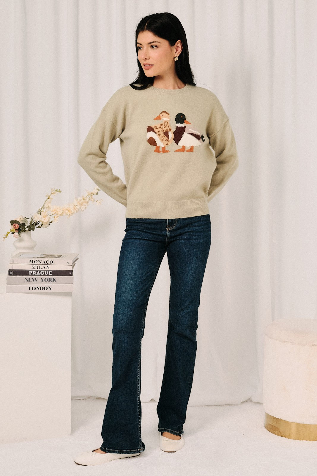 SUNDAY EDITION Women's Sweaters Round Neck Mallard Duck Graphic Long Sleeve Knit Sweater