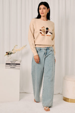 SUNDAY EDITION Women's Sweaters Round Neck Mallard Duck Graphic Long Sleeve Knit Sweater